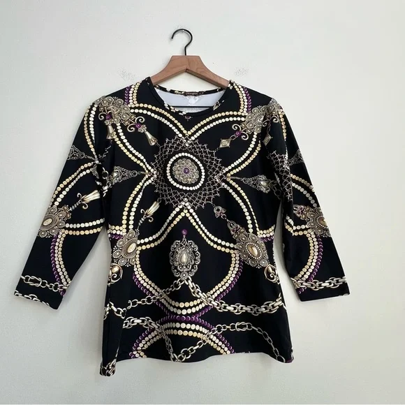 J. McLAUGHLIN Catalina Cloth Signature Tee 3/4 Sleeve Top Chain Jewels Small - Picture 2 of 11
